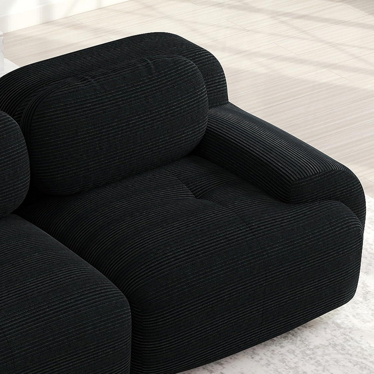 L-förmiges Sofa Cord Schwarz (4-Sitzer + Hocker) für Wohnzimmer
