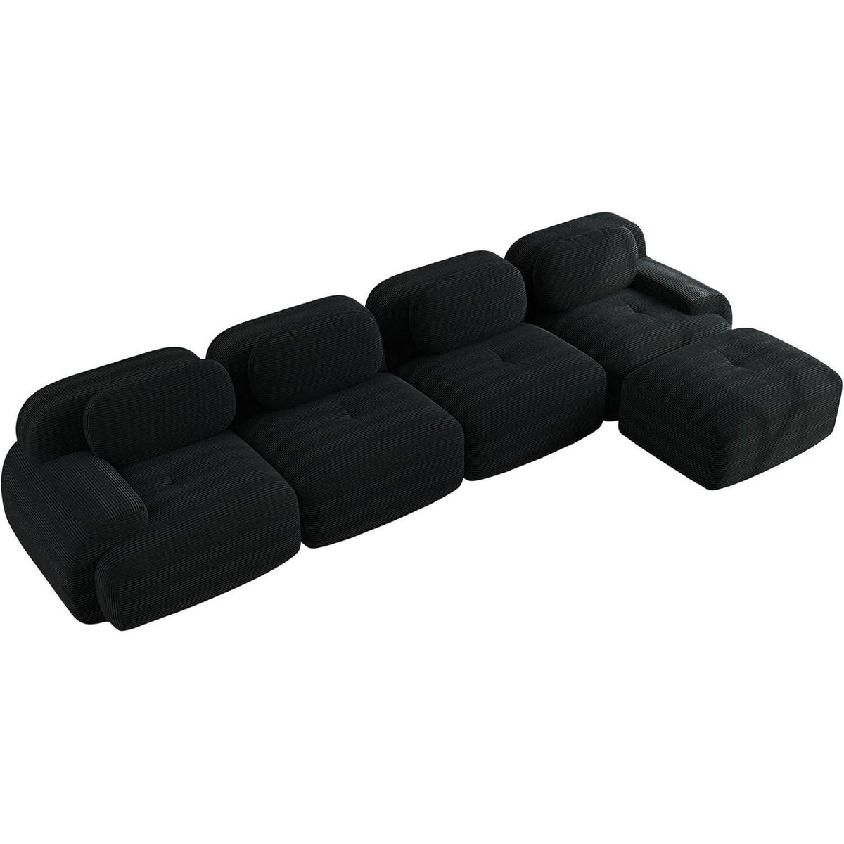 L-förmiges Sofa Cord Schwarz (4-Sitzer + Hocker) für Wohnzimmer