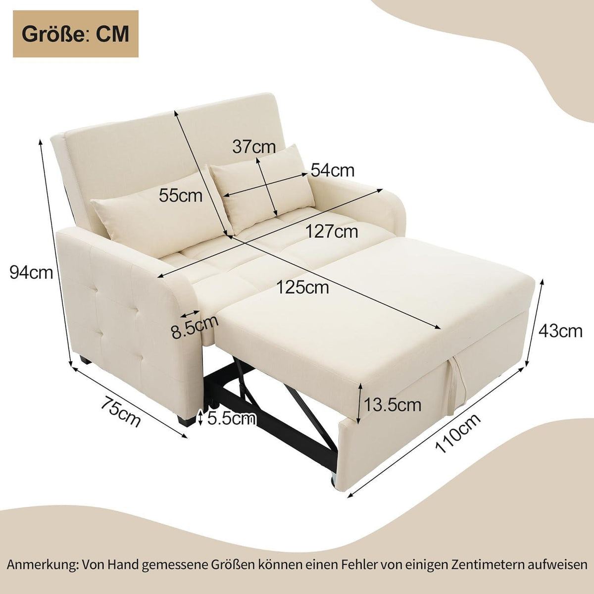 Verstellbares Schlafsofa Beige – 127x75x94cm für kleine Räume