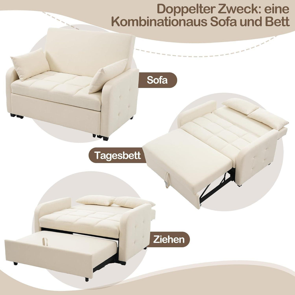 Verstellbares Schlafsofa Beige – 127x75x94cm für kleine Räume