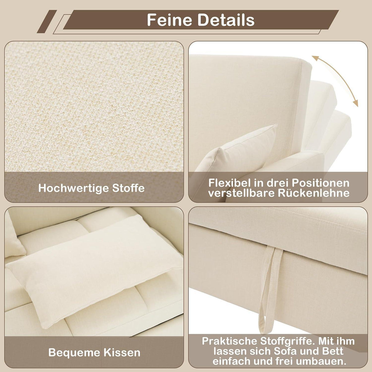 Verstellbares Schlafsofa Beige – 127x75x94cm für kleine Räume