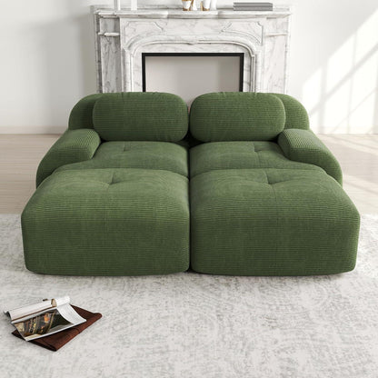 2-4 Sitzer Cord Sofa Grün – Modulares Wohnzimmer Sofa mit Hockern