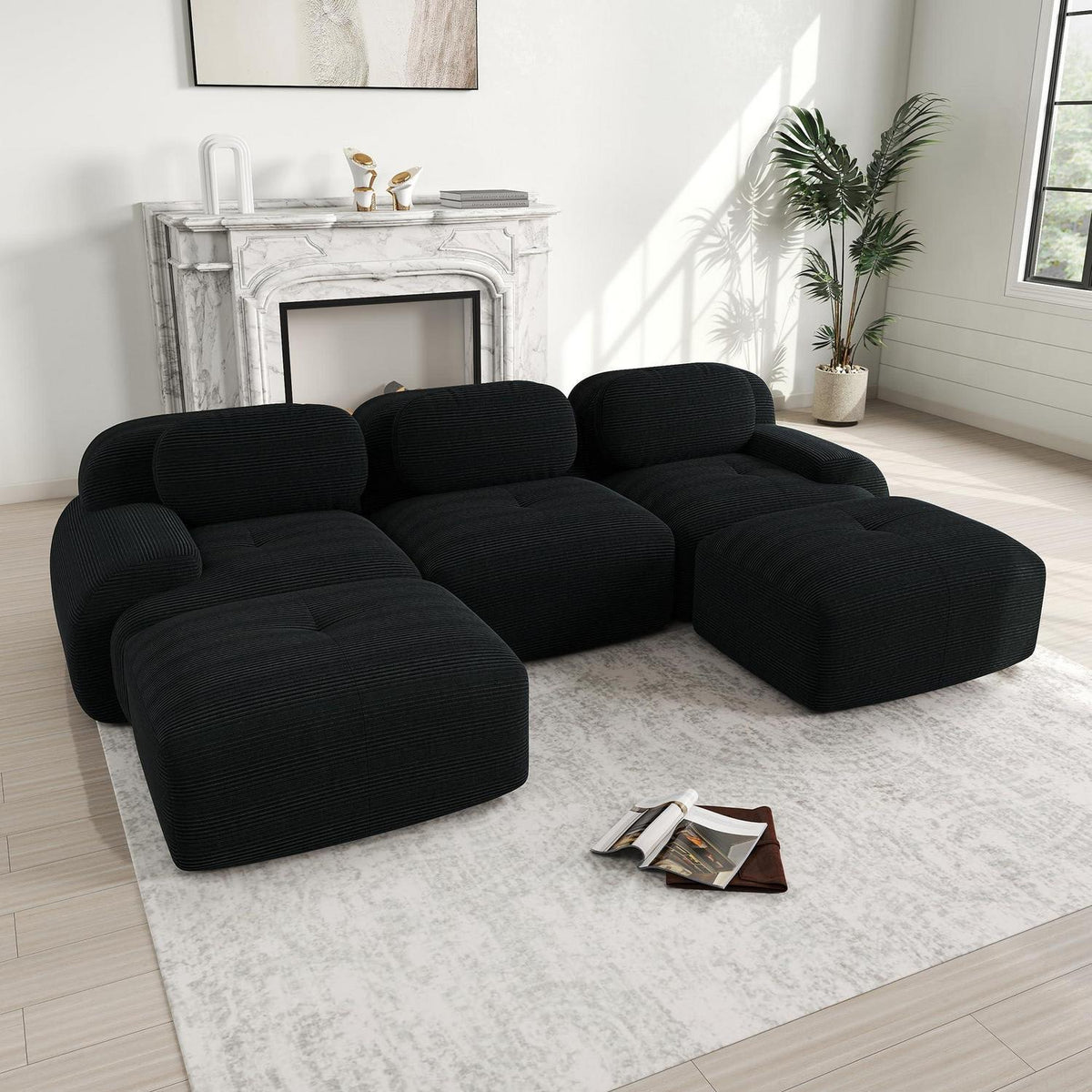 U-förmiges Sofa Cord Stoff Schwarz (3-Sitzer + 2 Hocker)