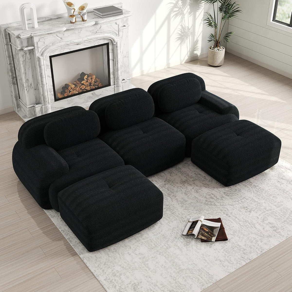 U-förmiges Sofa Cord Stoff Schwarz (3-Sitzer + 2 Hocker)