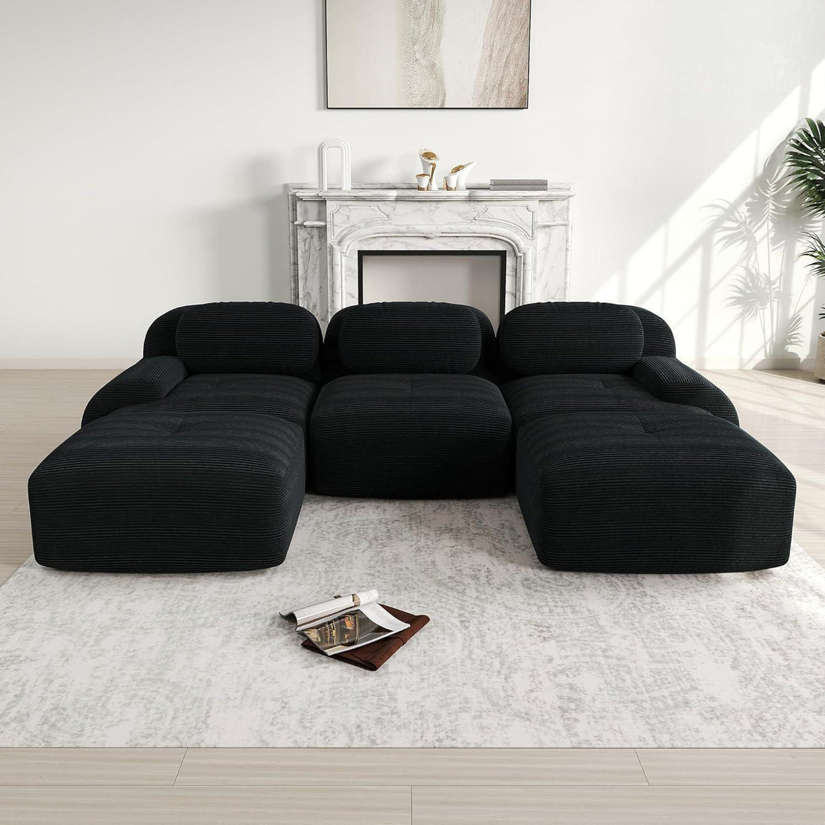 U-förmiges Sofa Cord Stoff Schwarz (3-Sitzer + 2 Hocker)