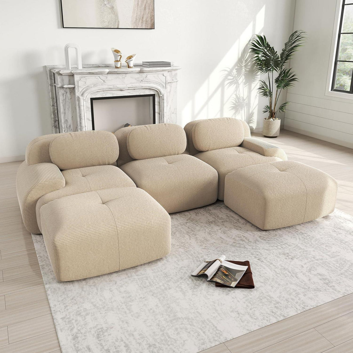 U-förmiges Cord Sofa Beige (3-Sitzer + 2 Hocker)