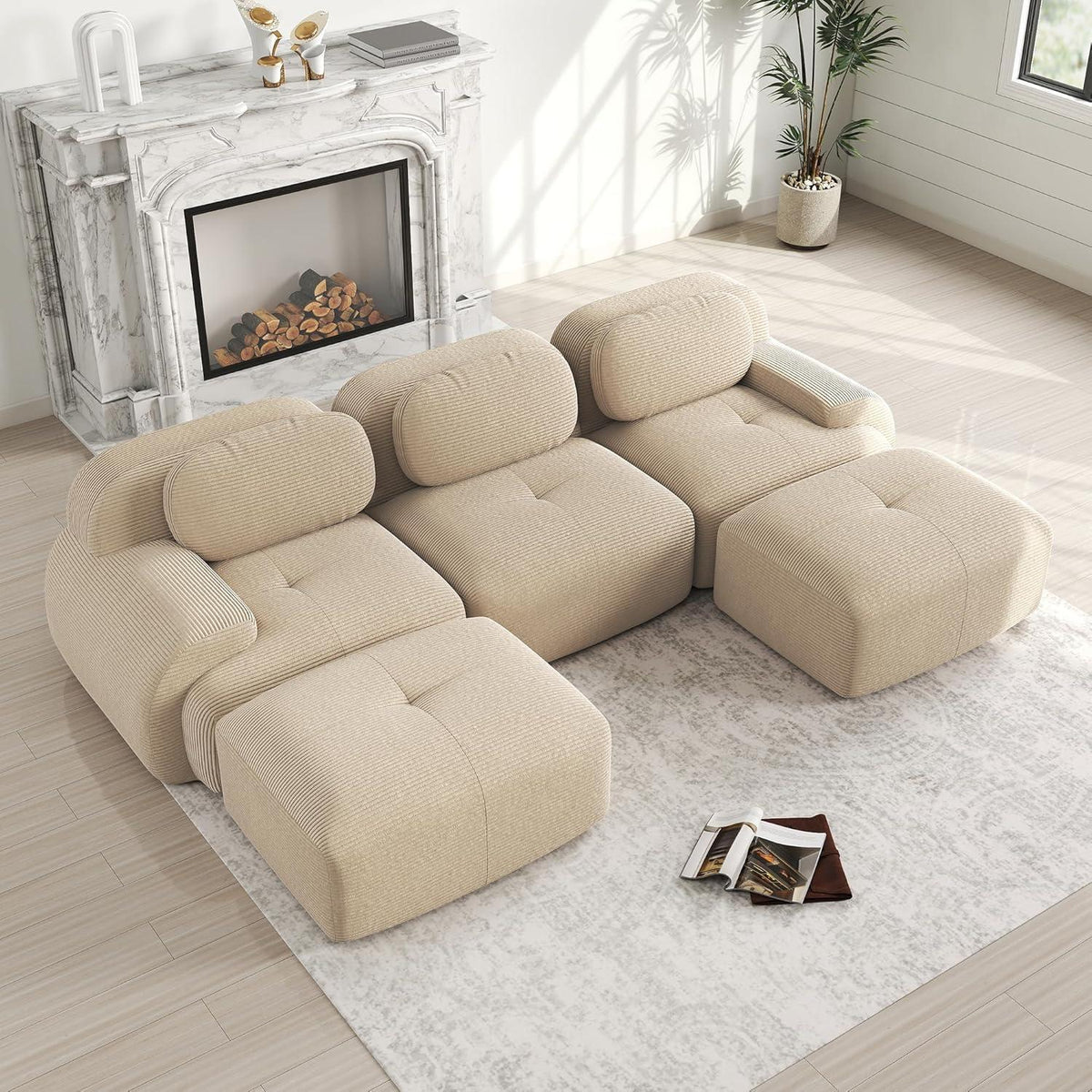 U-förmiges Cord Sofa Beige (3-Sitzer + 2 Hocker)