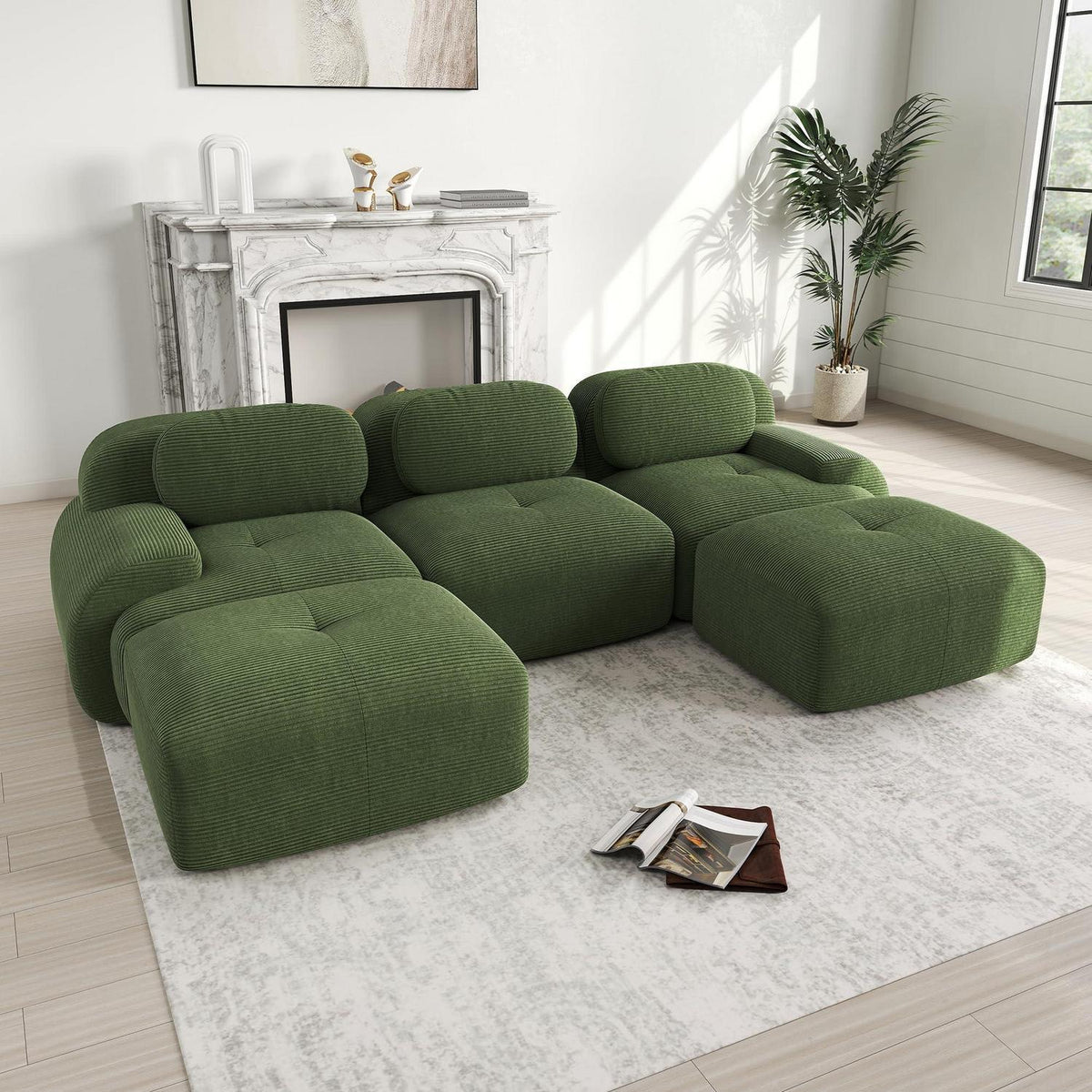 Grünes U-förmiges Sofa mit Cordstoff (3-Sitzer + 2 Hocker)