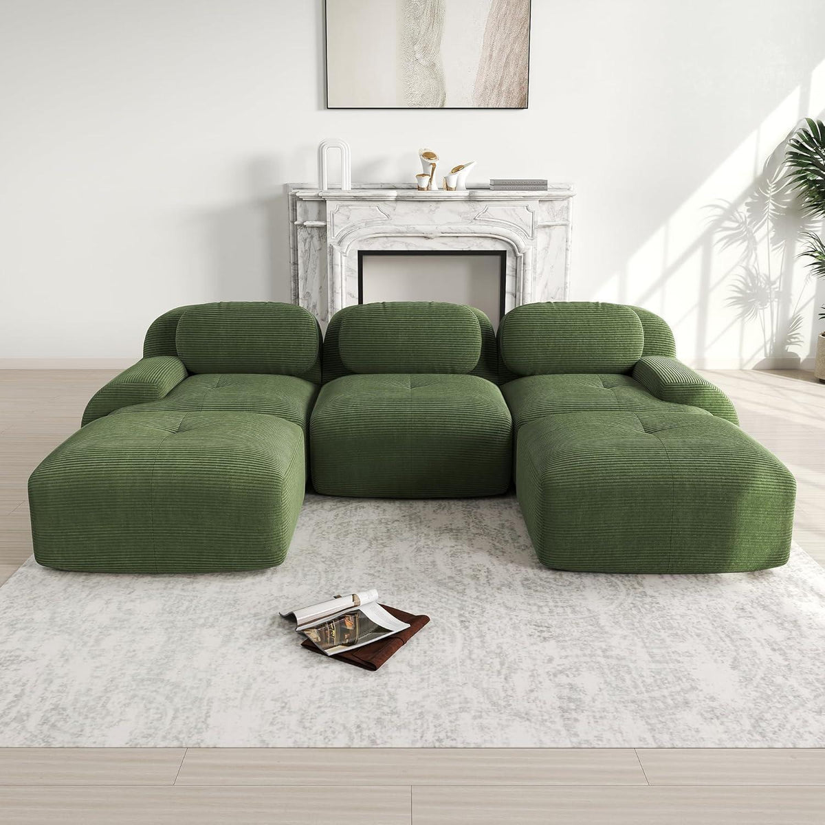 Grünes U-förmiges Sofa mit Cordstoff (3-Sitzer + 2 Hocker)