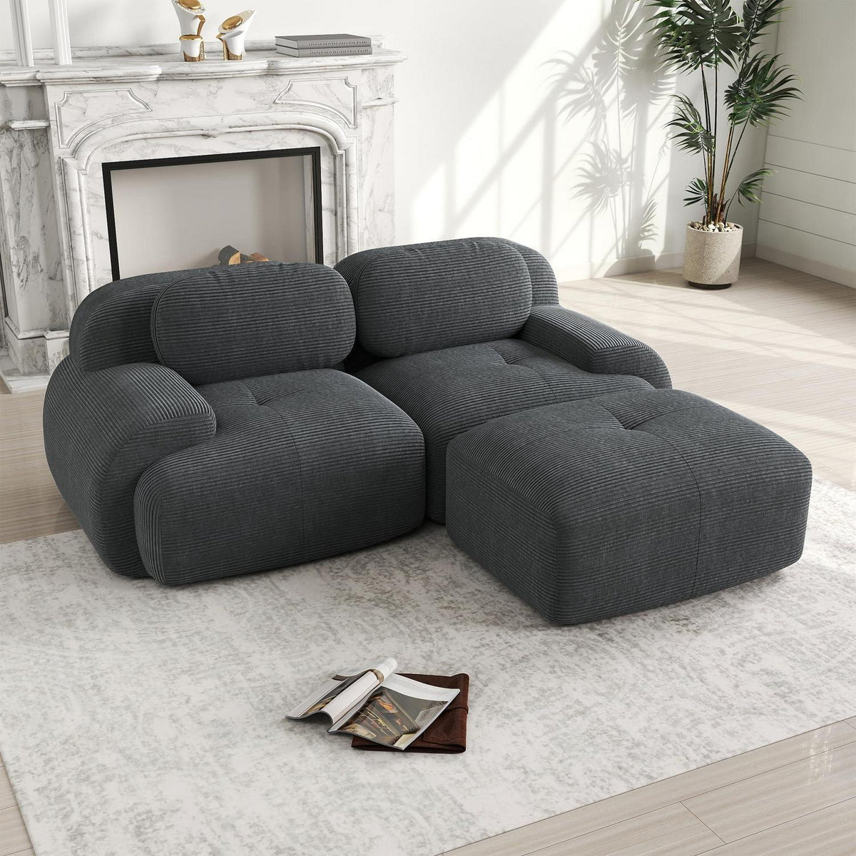 Modulares Cord Sofa 2-3 Sitzer Grau – Wohnzimmer Couch mit Hocker