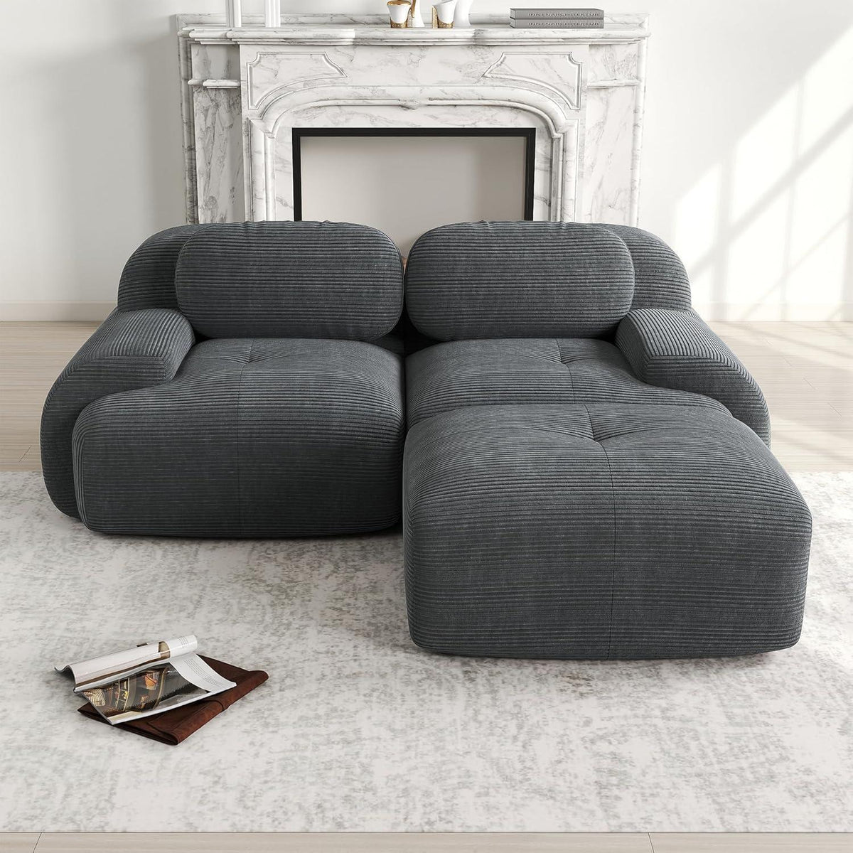 Modulares Cord Sofa 2-3 Sitzer Grau – Wohnzimmer Couch mit Hocker