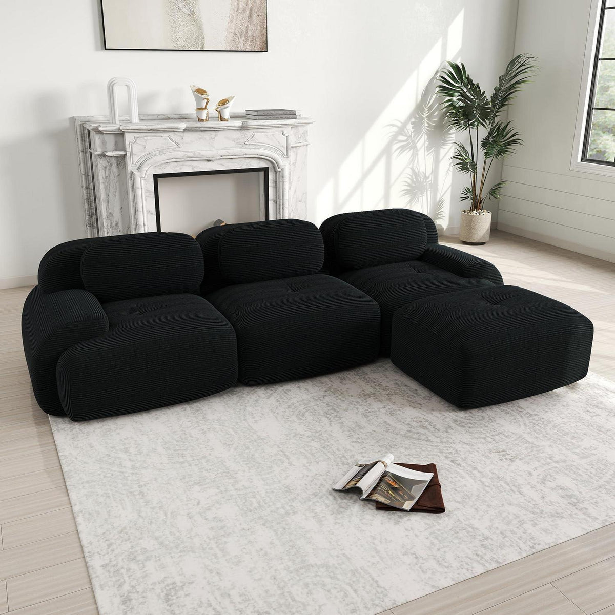 L-Form Sofa Schwarz Cord Stoff – Modulares Couch Sofa für Wohnzimmer