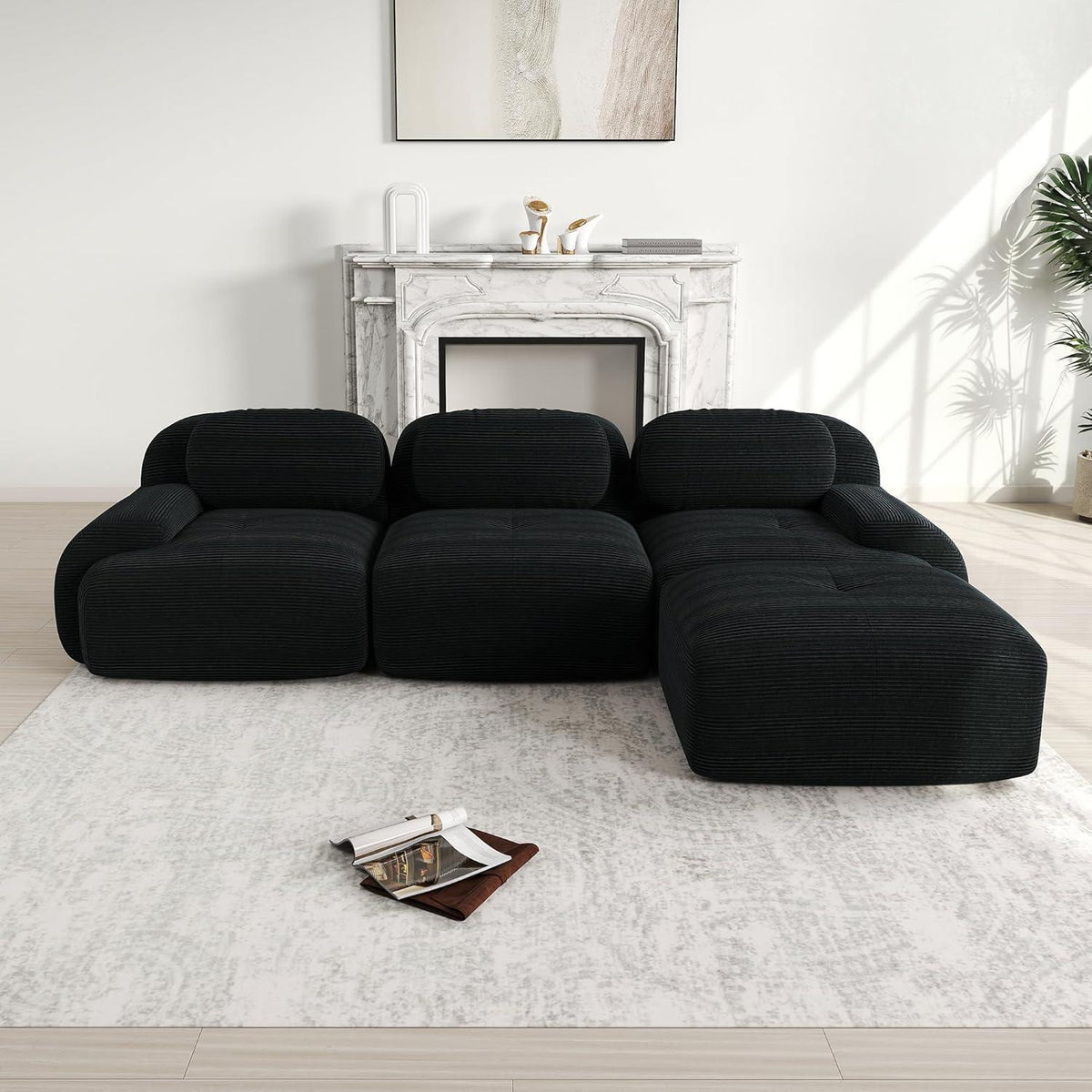 L-Form Sofa Schwarz Cord Stoff – Modulares Couch Sofa für Wohnzimmer