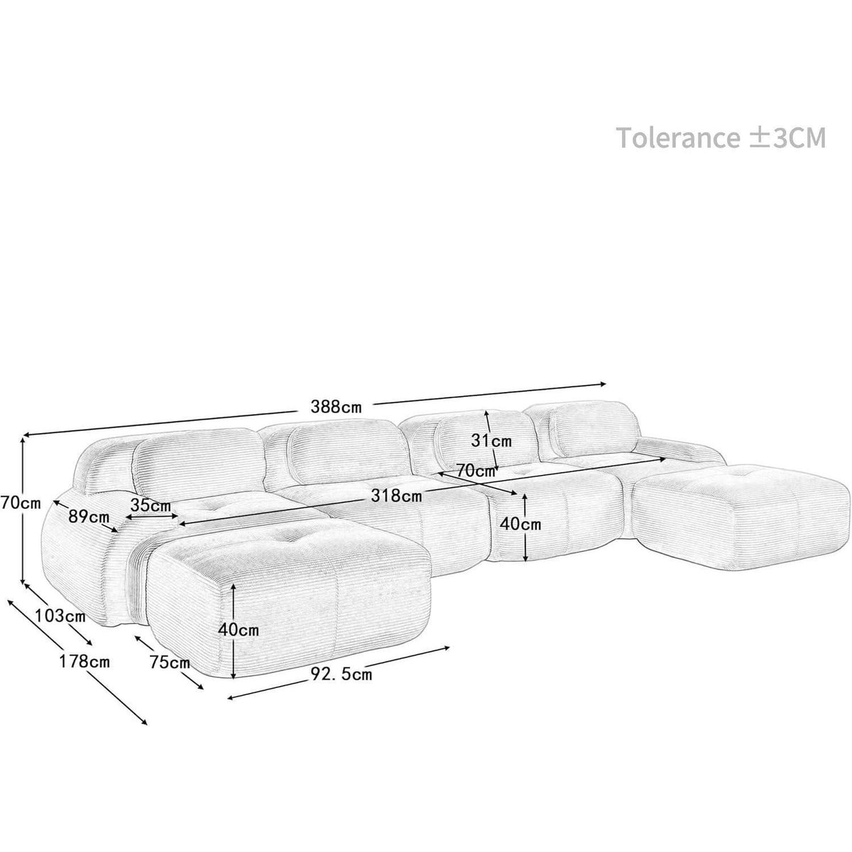 Graues U-förmiges Sofa mit Cordstoff (4-Sitzer + 2 Hocker)