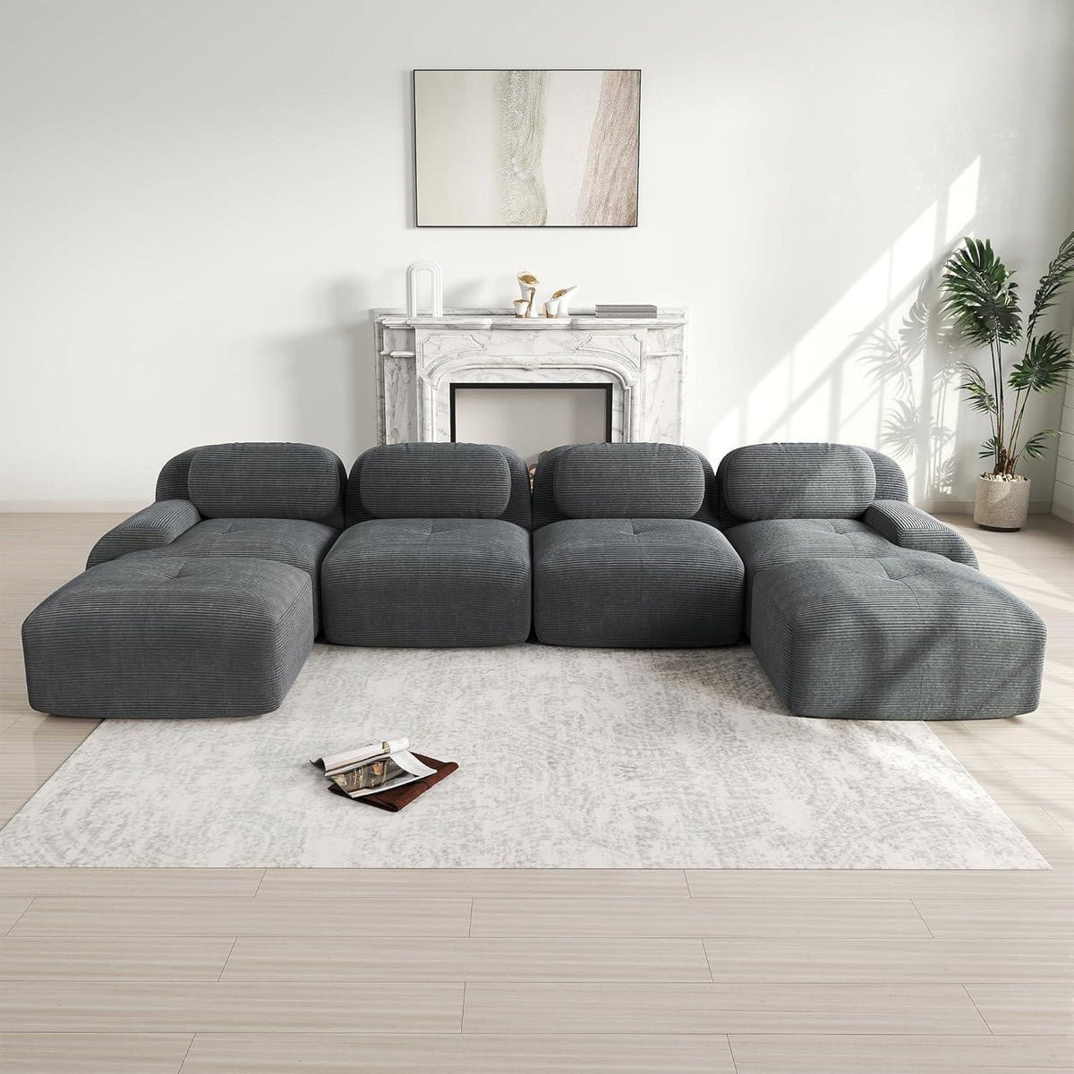 Graues U-förmiges Sofa mit Cordstoff (4-Sitzer + 2 Hocker)