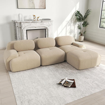 Modulares L-Form Sofa Cord Stoff Beige (3-Sitzer + Hocker)