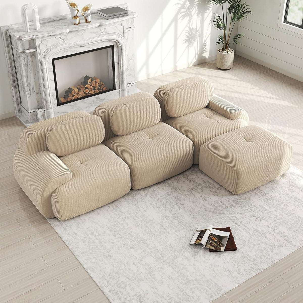 Modulares L-Form Sofa Cord Stoff Beige (3-Sitzer + Hocker)