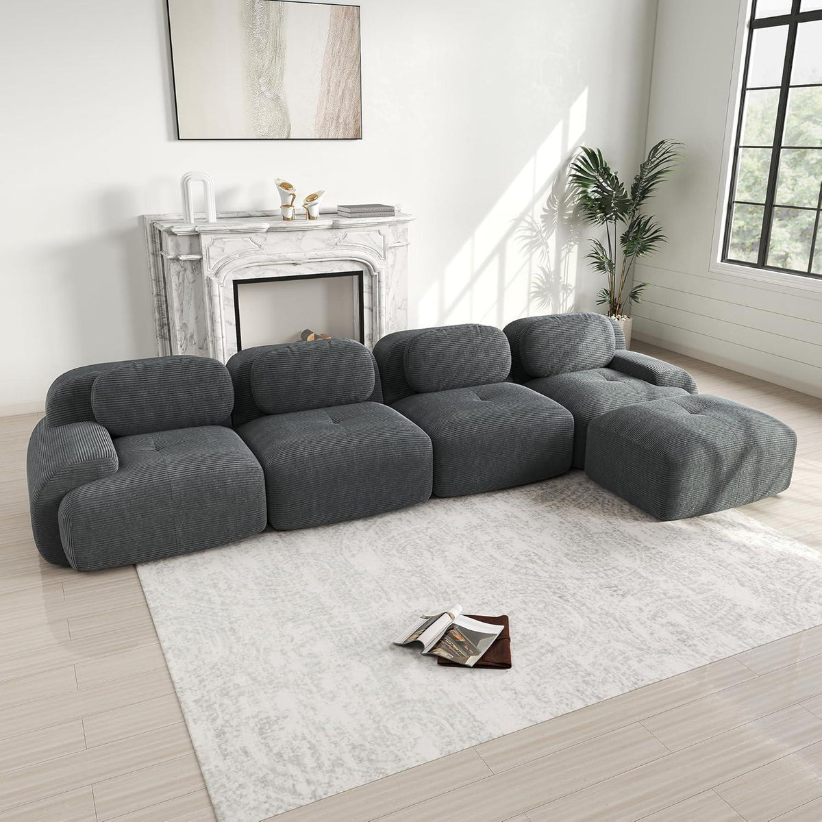 L-förmiges Sofa mit Cordstoff – Grau, 4-Sitzer + Hocker
