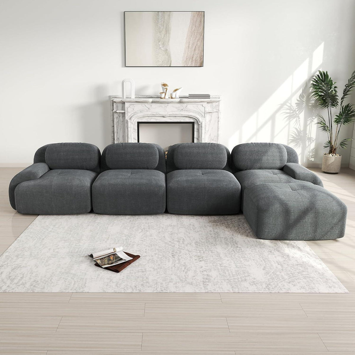 L-förmiges Sofa mit Cordstoff – Grau, 4-Sitzer + Hocker