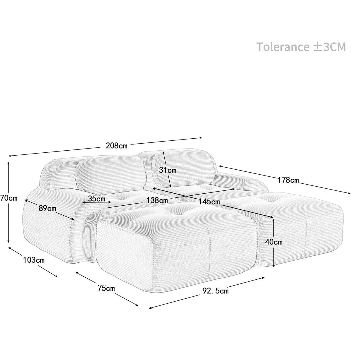 2-4 Sitzer Cord Sofa Grau – Modulares Wohnzimmer Sofa mit Hockern