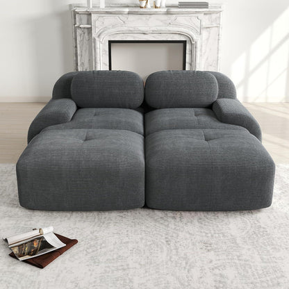 2-4 Sitzer Cord Sofa Grau – Modulares Wohnzimmer Sofa mit Hockern