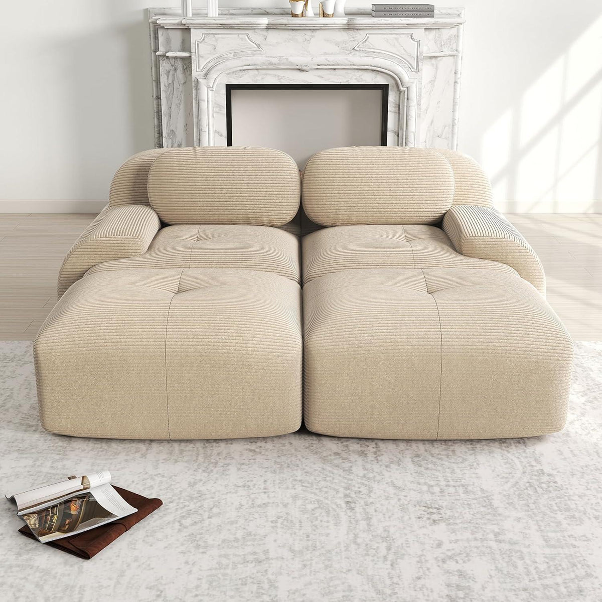 2-4 Sitzer Cord Sofa mit Hockern – Beige Wohnzimmer Couch