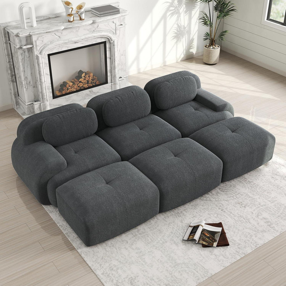 Modulares Sofa 3-6 Sitze Grau mit Hockern – Cord Stoff für Wohnzimmer