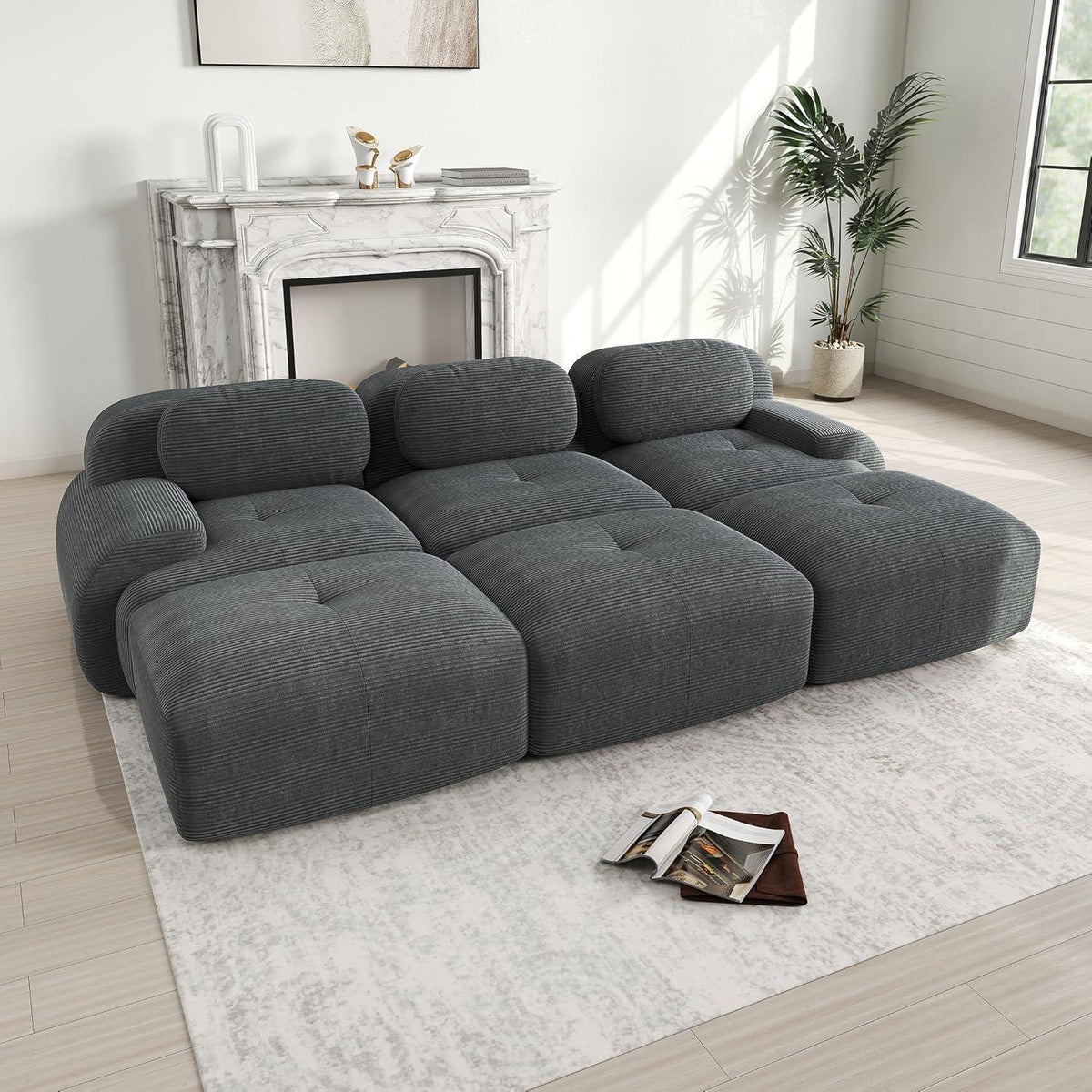Modulares Sofa 3-6 Sitze Grau mit Hockern – Cord Stoff für Wohnzimmer