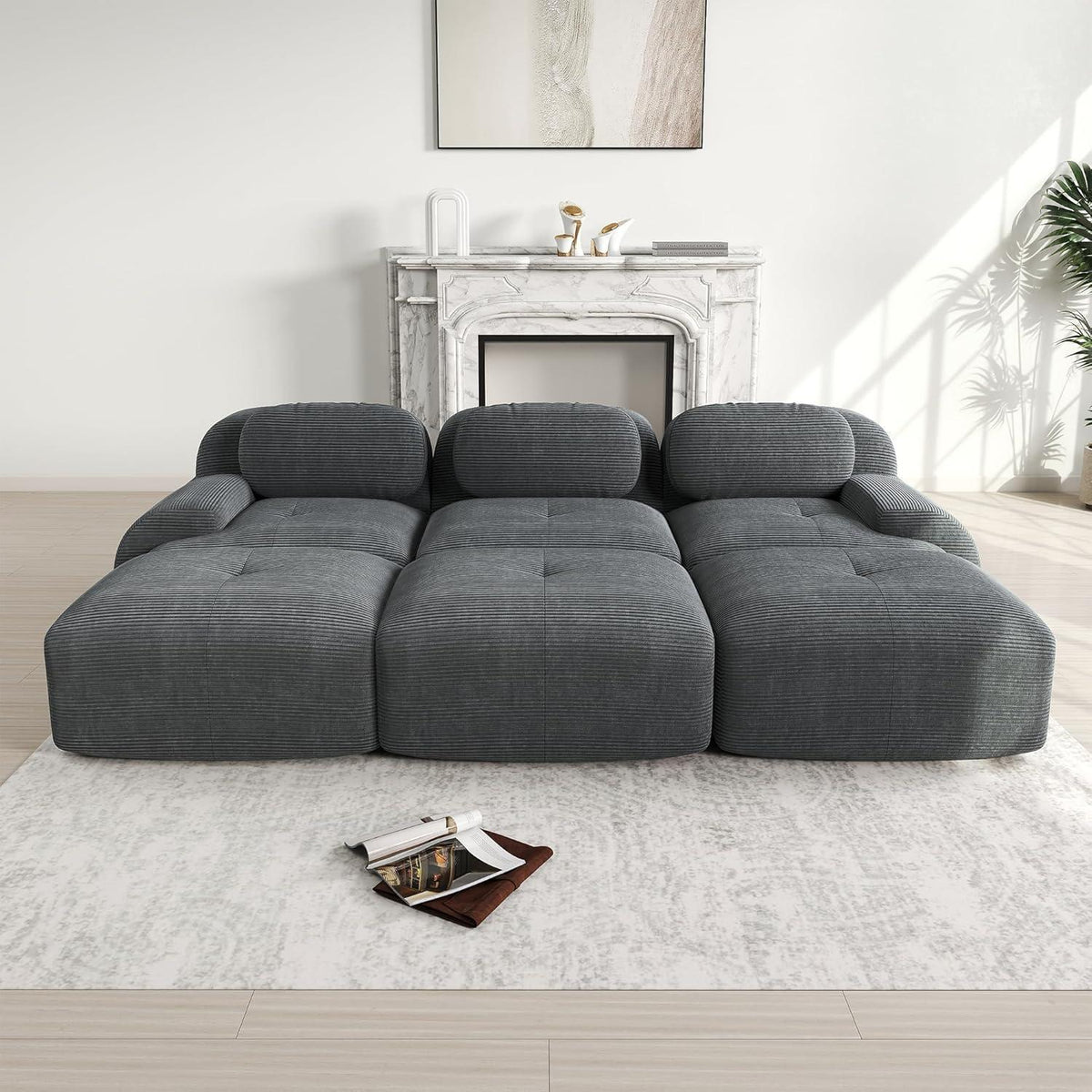 Modulares Sofa 3-6 Sitze Grau mit Hockern – Cord Stoff für Wohnzimmer