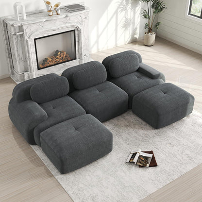 Graues U-förmiges Sofa mit Cordstoff – Modulares Wohnzimmer Sofa (3-Sitzer + 2 Hocker)