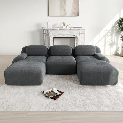 Graues U-förmiges Sofa mit Cordstoff – Modulares Wohnzimmer Sofa (3-Sitzer + 2 Hocker)