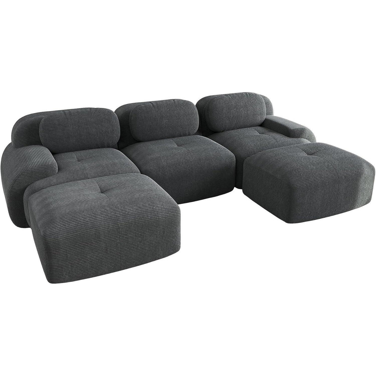Graues U-förmiges Sofa mit Cordstoff – Modulares Wohnzimmer Sofa (3-Sitzer + 2 Hocker)
