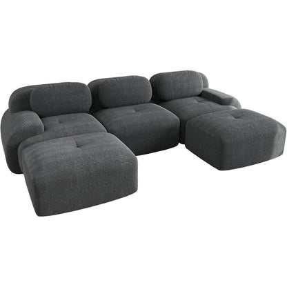 Graues U-förmiges Sofa mit Cordstoff – Modulares Wohnzimmer Sofa (3-Sitzer + 2 Hocker)