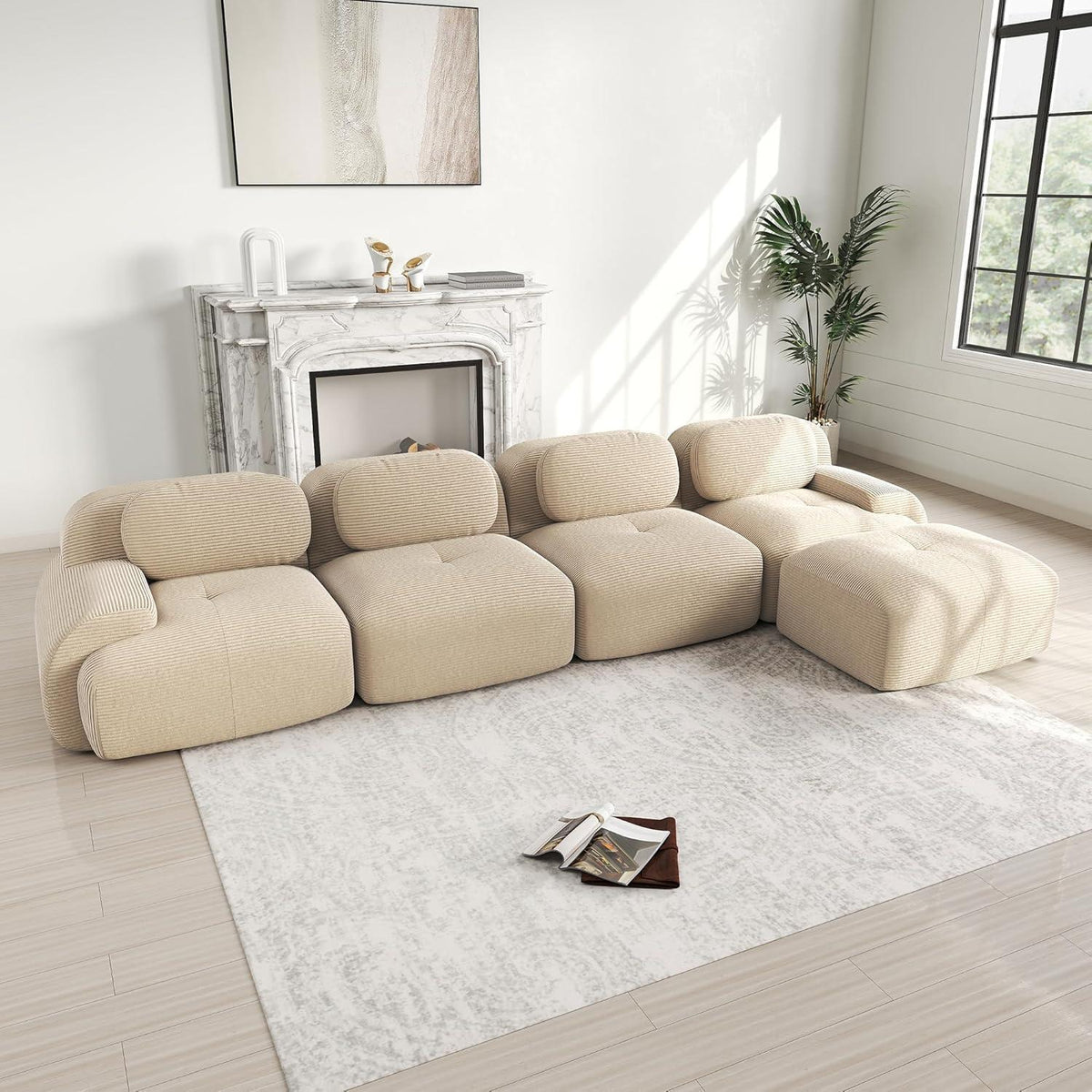 L-förmiges Cord Sofa (4-Sitzer + Hocker) Beige – Modulares Wohnzimmer Sofa