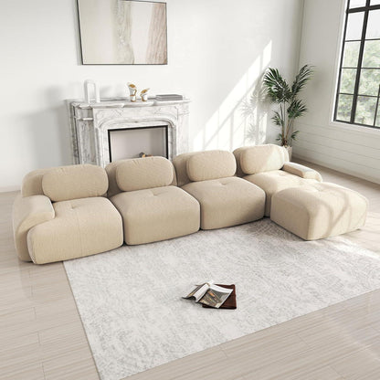 L-förmiges Cord Sofa (4-Sitzer + Hocker) Beige – Modulares Wohnzimmer Sofa