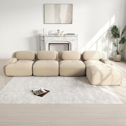 L-förmiges Cord Sofa (4-Sitzer + Hocker) Beige – Modulares Wohnzimmer Sofa