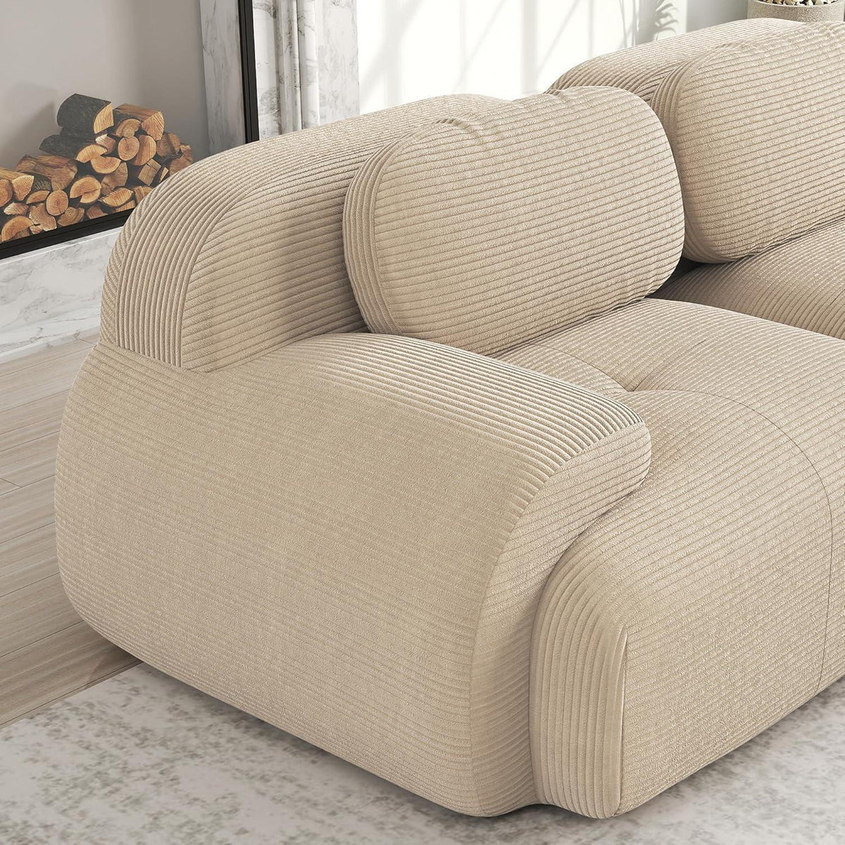 L-förmiges Cord Sofa (4-Sitzer + Hocker) Beige – Modulares Wohnzimmer Sofa
