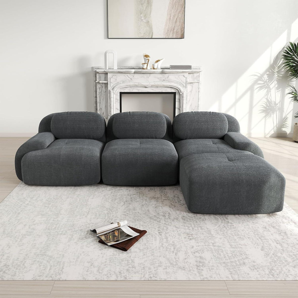 Modulares L-Form Sofa Grau mit Hocker – Cord Stoff für Wohnzimmer