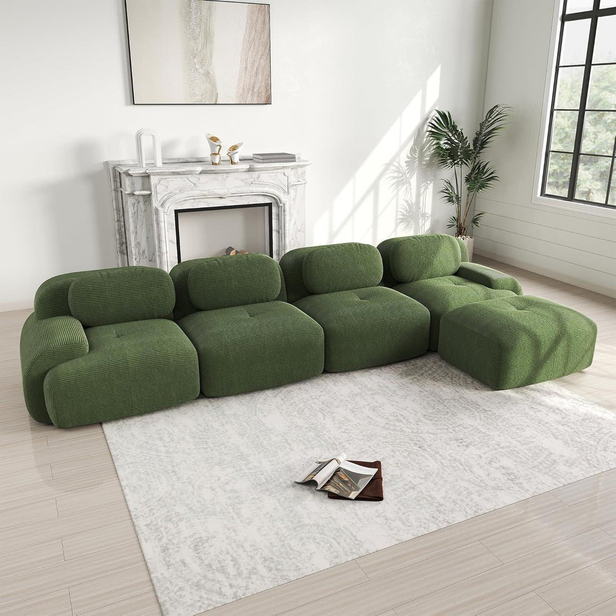 L-förmiges Sofa mit Cordstoff – Grün, 4-Sitzer + Hocker
