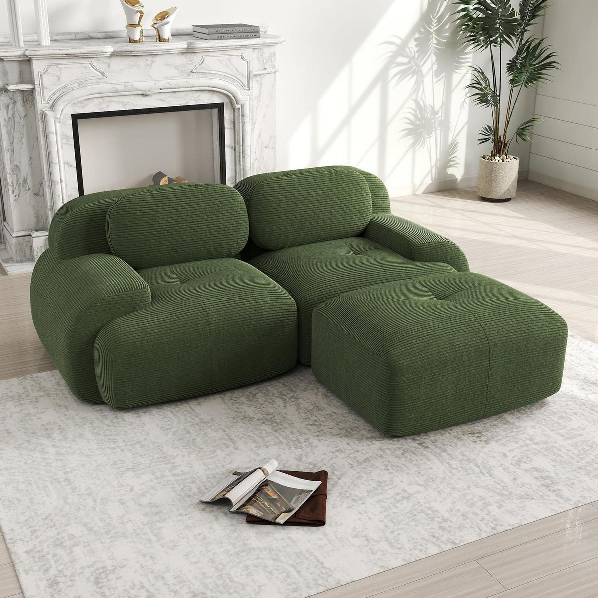 Modulares 2-3 Sitzer Cord Sofa Grün mit Hocker