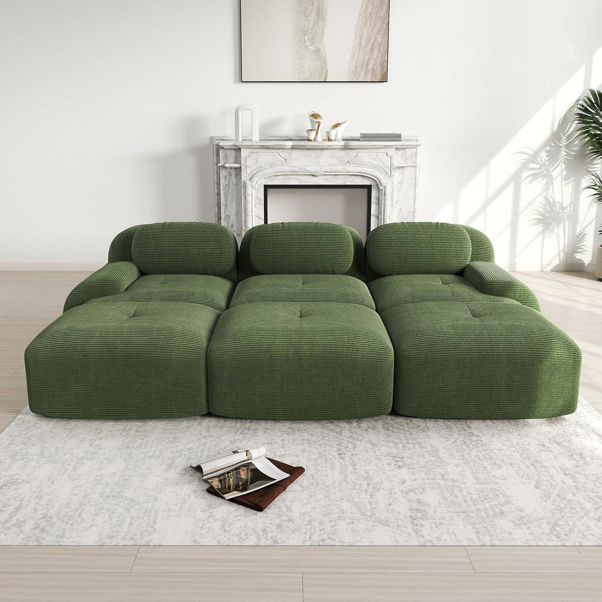 3-6 Sitzer Cord Sofa Grün – Modulares Wohnzimmer Sofa mit Hockern