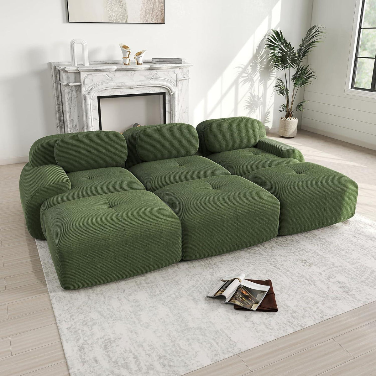 3-6 Sitzer Cord Sofa Grün – Modulares Wohnzimmer Sofa mit Hockern