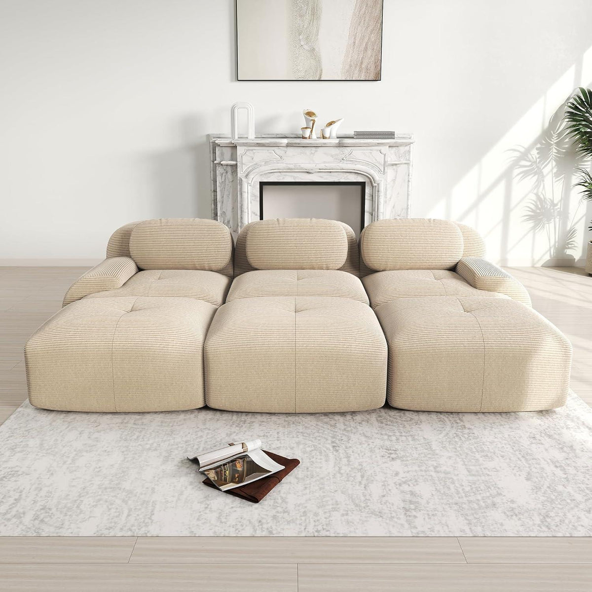 3-6 Sitzer Cord Sofa mit Hockern – Beige, Modular & Komfortabel