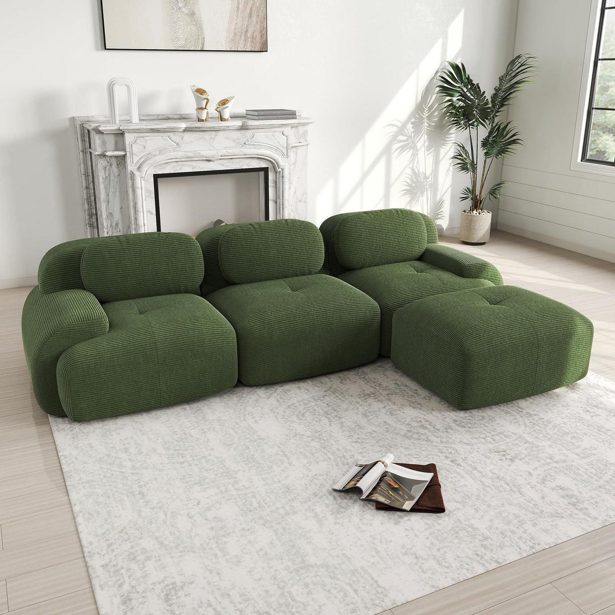 Grünes L-Form Sofa mit Hocker – Cord Stoff für Wohnzimmer