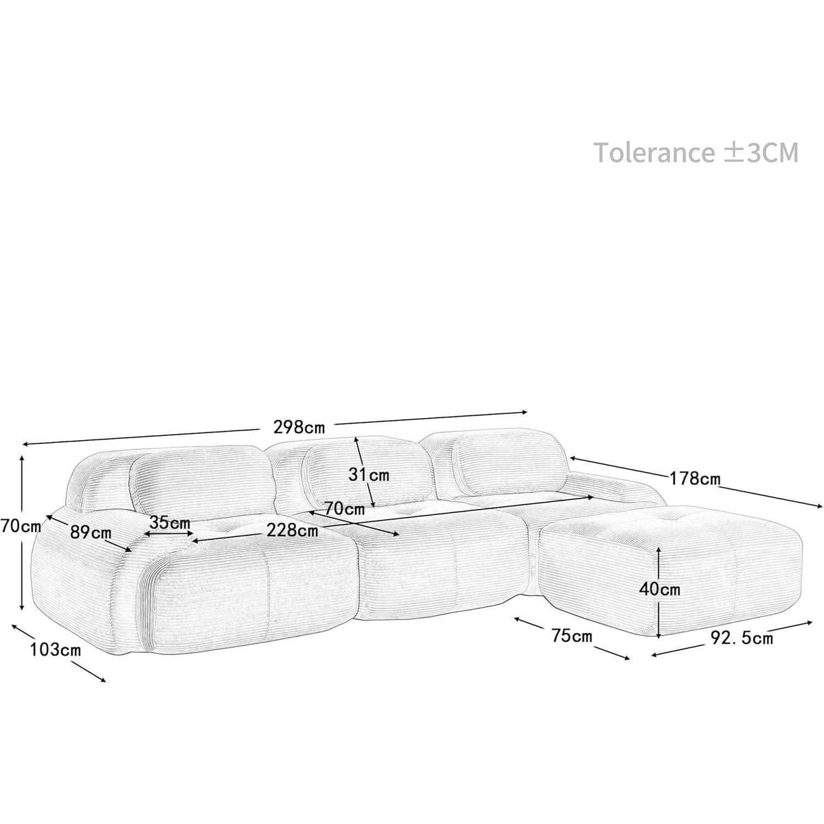 Grünes L-Form Sofa mit Hocker – Cord Stoff für Wohnzimmer