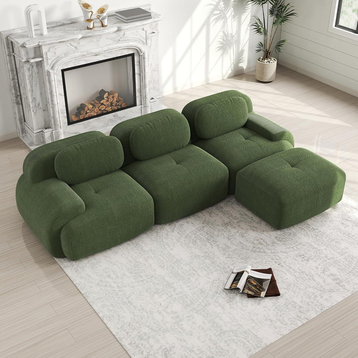 Grünes L-Form Sofa mit Hocker – Cord Stoff für Wohnzimmer