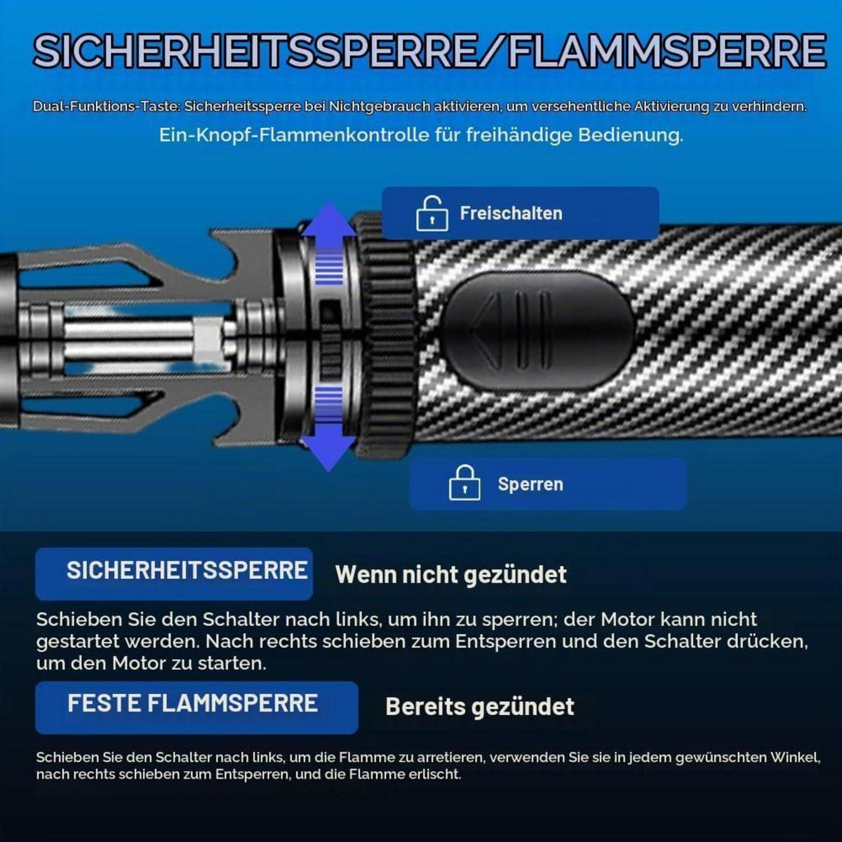Windfeste Sturmfeuerzeug mit einstellbarer Flamme – Schwarz/Blau