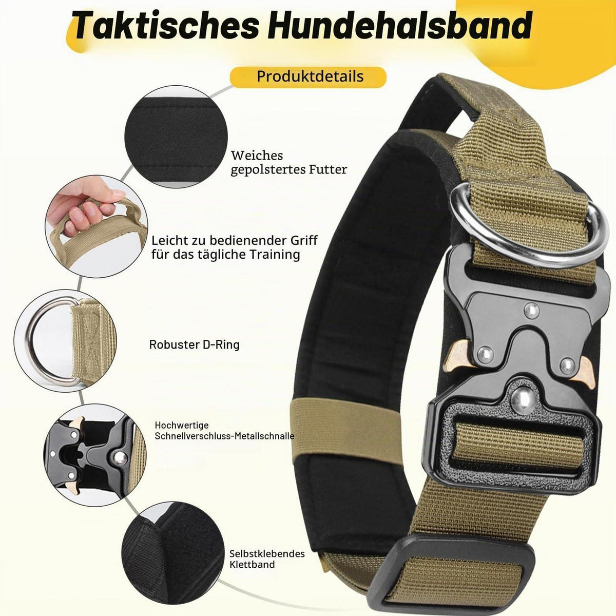 Taktisches Hundehalsband mit Leine – Robust & Verstellbar (Khaki, L)