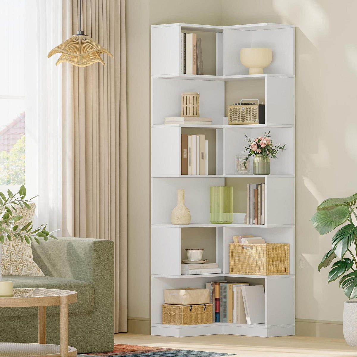 7-Stöckiges Eckregal Weiß – L-förmiges Bücherregal für Wohnzimmer
