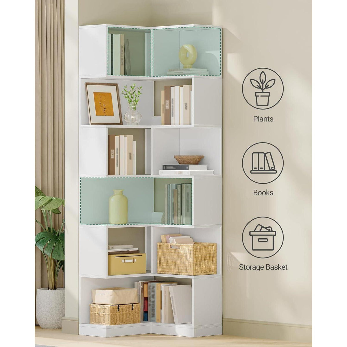7-Stöckiges Eckregal Weiß – L-förmiges Bücherregal für Wohnzimmer